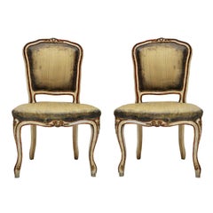 Antique Pair of Rococo Petite Painted Side Chairs with Green Silk, France, 1870