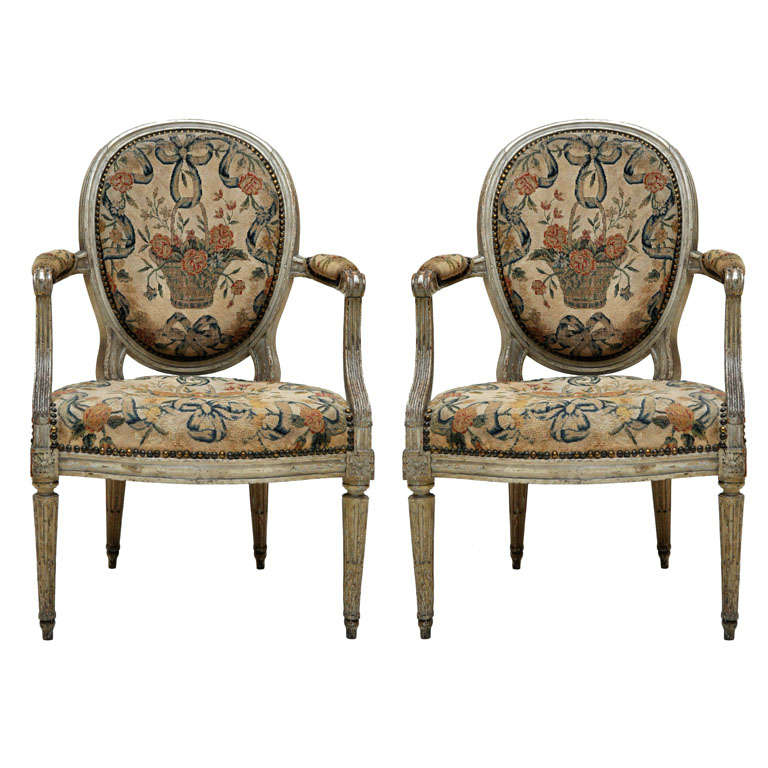 Pair of French Louis XVI Painted Fauteuils For Sale