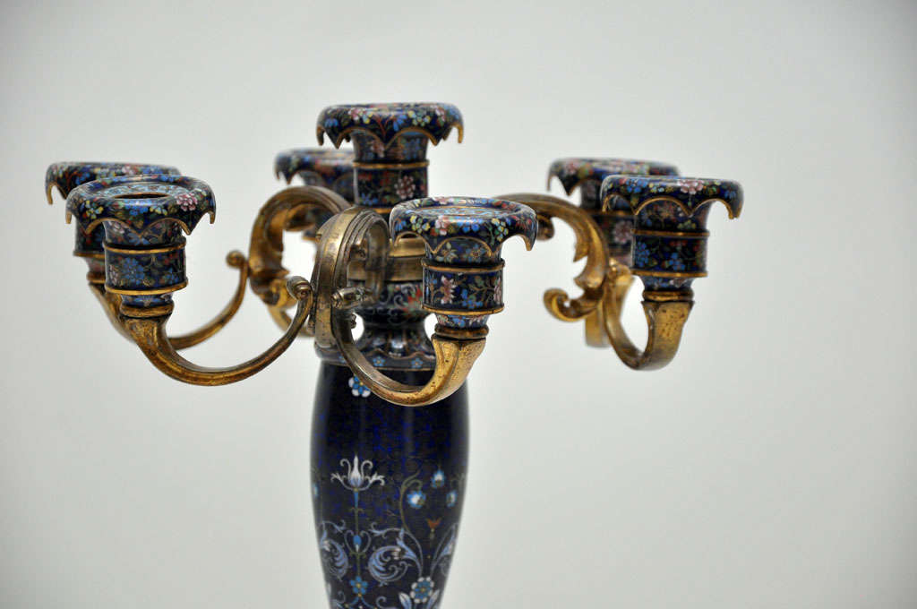 Antique Pair of Rare French Cobalt Blue Cloisonné Candelabras, 1890 For Sale 2