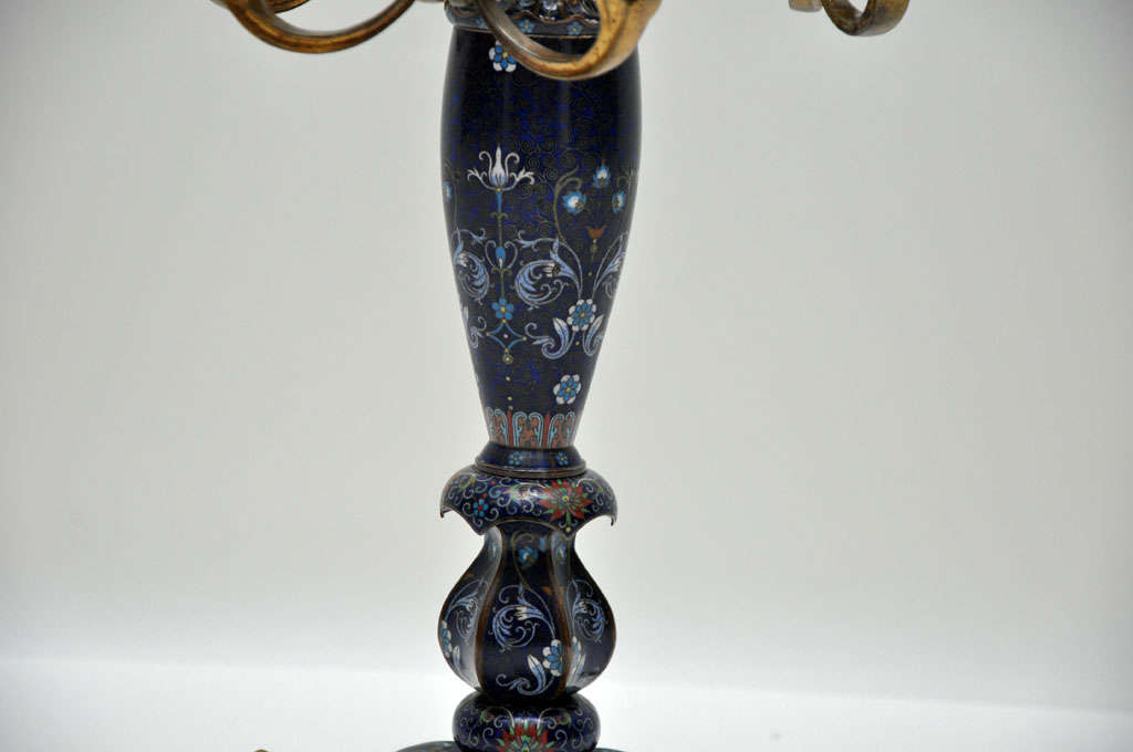 Chinese Export Antique Pair of Rare French Cobalt Blue Cloisonné Candelabras, 1890 For Sale