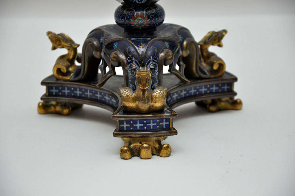 Chinese Antique Pair of Rare French Cobalt Blue Cloisonné Candelabras, 1890 For Sale