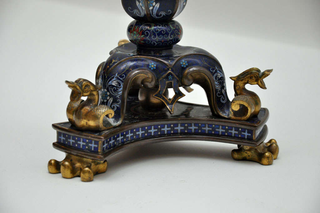 Fired Antique Pair of Rare French Cobalt Blue Cloisonné Candelabras, 1890 For Sale