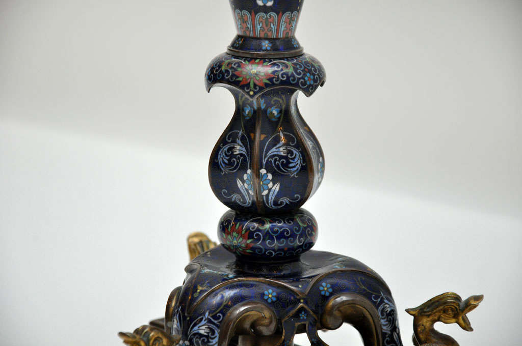 Antique Pair of Rare French Cobalt Blue Cloisonné Candelabras, 1890 In Excellent Condition For Sale In Chicago, IL