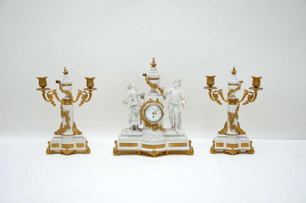 Bronze Neoclassical Three-Piece Sèvres Bisque Garniture Clock Set, France, 1880 For Sale