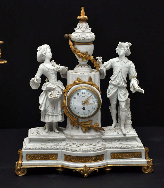 French Neoclassical Three-Piece Sèvres Bisque Garniture Clock Set, France, 1880 For Sale