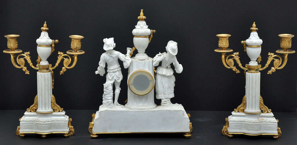 19th Century Neoclassical Three-Piece Sèvres Bisque Garniture Clock Set, France, 1880 For Sale