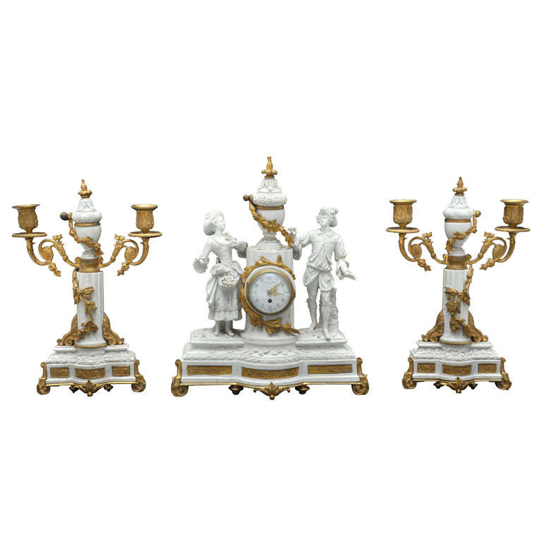 Neoclassical Three-Piece Sèvres Bisque Garniture Clock Set, France, 1880 For Sale