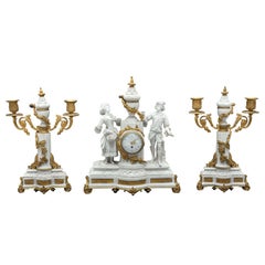 Neoclassical Three-Piece Sèvres Bisque Garniture Clock Set, France, 1880