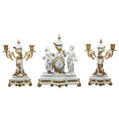 French Neoclassical Sèvres Bisque Three-Piece Clock Garniture 4