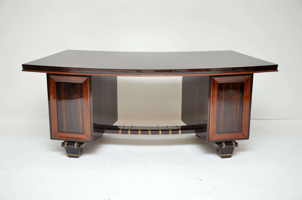 Bronze Art Deco Macassar Ebony Pedestal Desk in the Manner of Emile-Jacques Ruhlmann For Sale