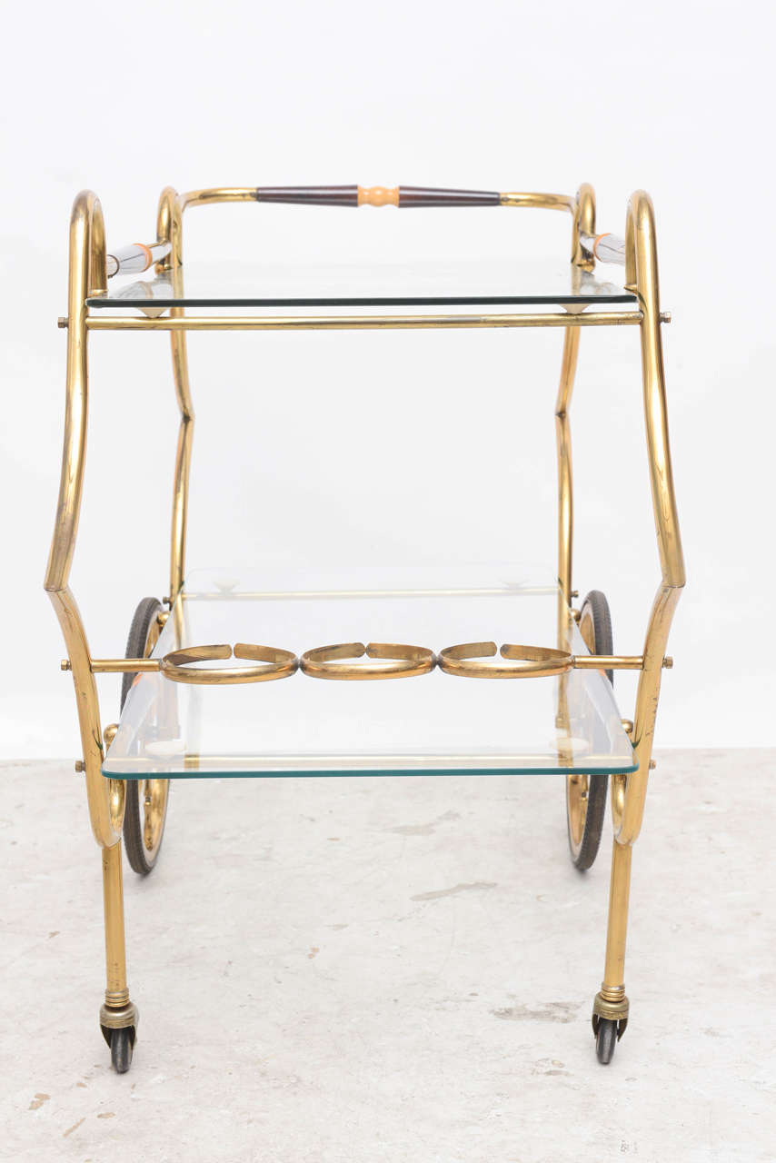 Italian Brass and Glass 1950s Art Deco Style Trolley Server Bar Cart Italy For Sale