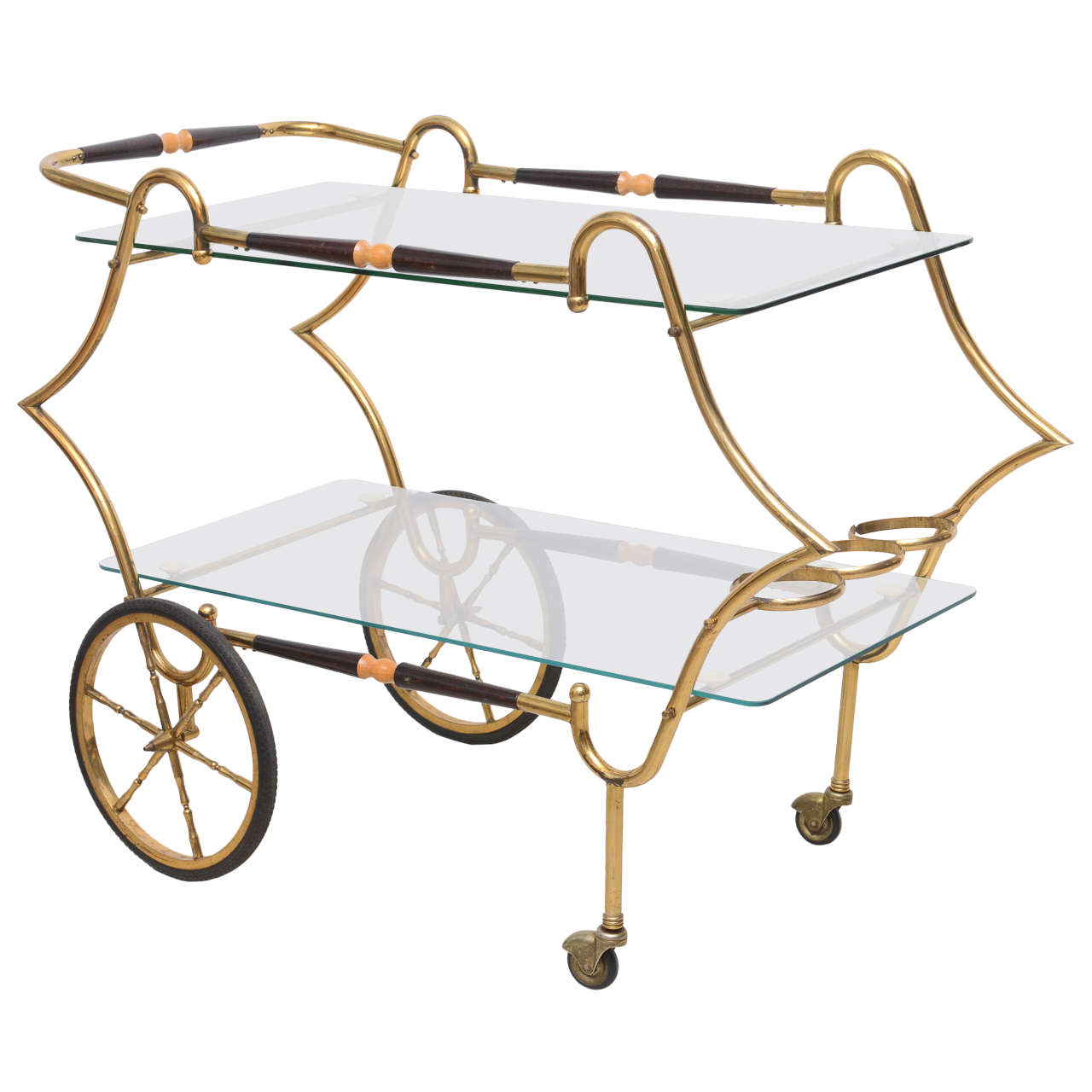 Midcentury French Brass and Glass Trolley Style Bar Cart with Large