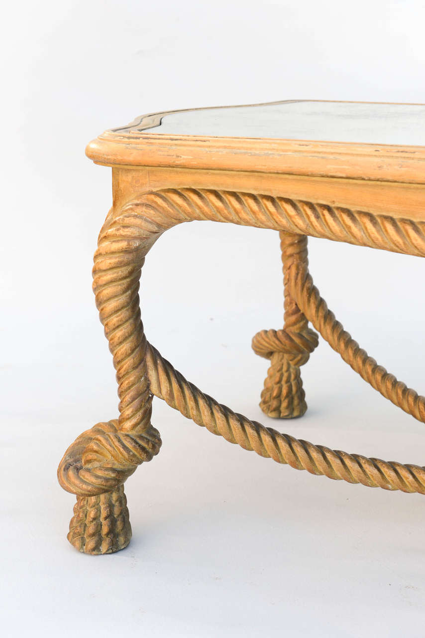 Italian Carved Rope and Tassel Cocktail Table with Mirrored Top