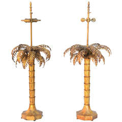 Retro Pair of Gilded Iron Palm Tree Lamps