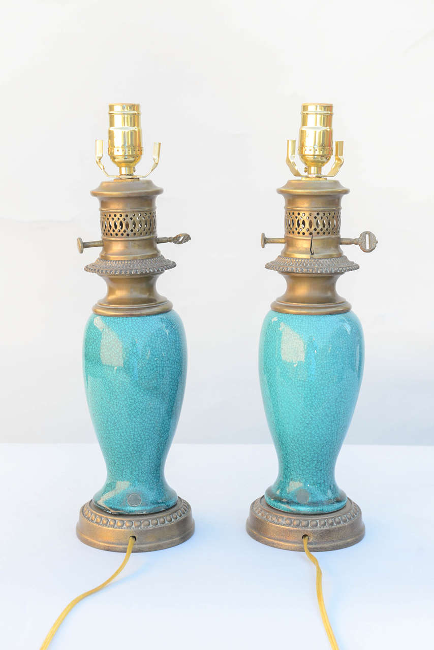Pair of Turquoise Glazed 19th Century Chinese Vase Lamps 1