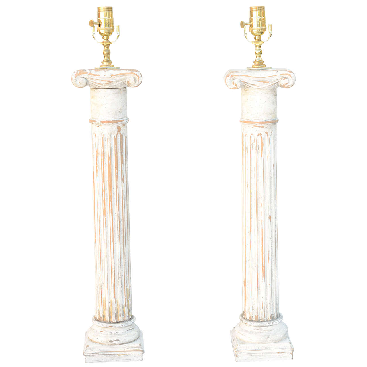 Pair of Carved Wood Column Lamps