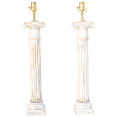 Pair of Carved Wood Column Lamps