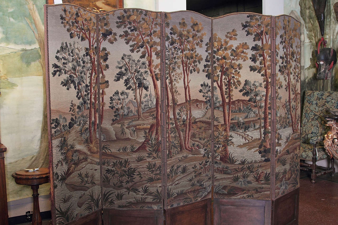 19th century tapestry fragments made into a five-panel screen. 20th century.