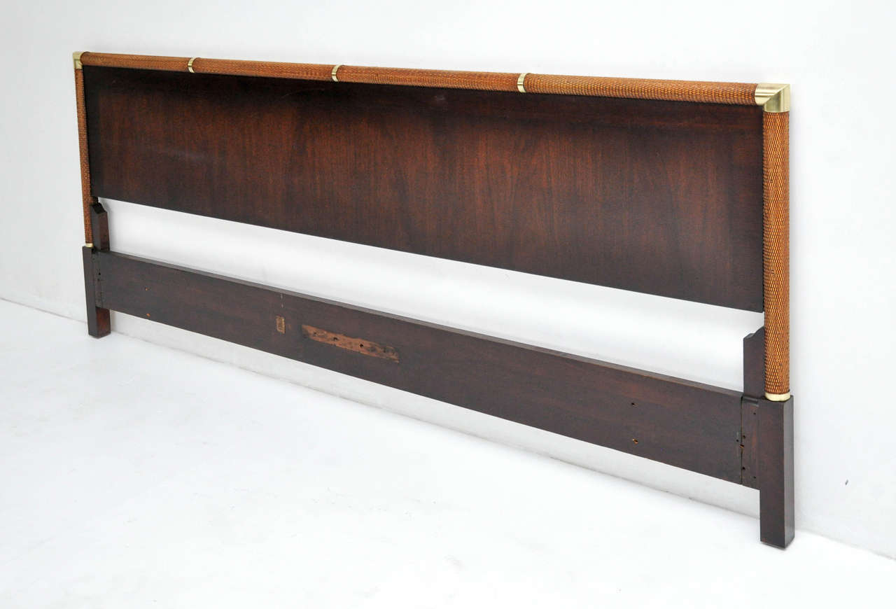 T.H. Robsjohn-Gibbings Walnut King-Size Headboard with Brass and Cane In Excellent Condition In Chicago, IL