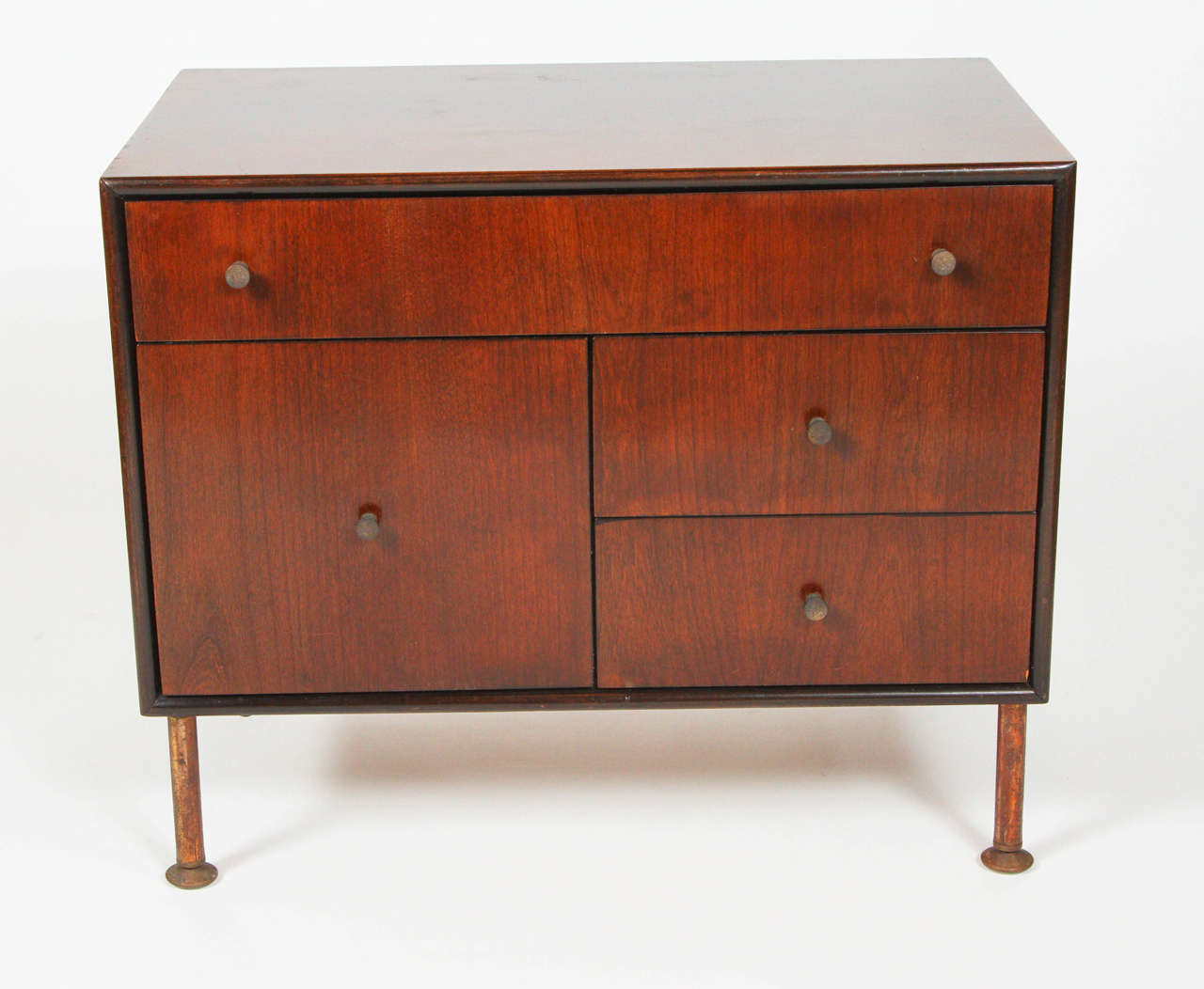 Chairside chest in cherry with antiqued brass legs and pulls by Milo Baughman for Direcitonal, 1965.