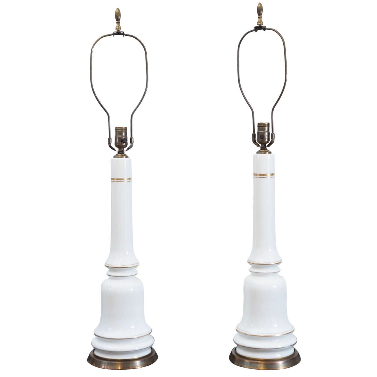 Pair of White Opaline Lamps with Gold Trim For Sale