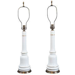 Pair of White Opaline Lamps with Gold Trim