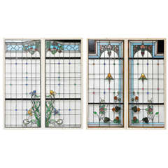 Set of Four French Art Nouveau Stained Glass Windows