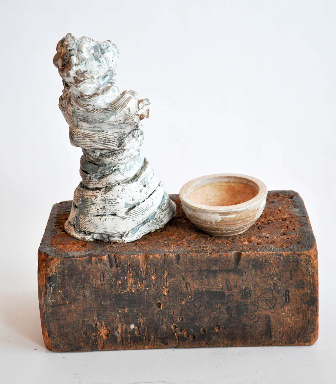 Trio -  Sculpture by British Artist Corinna Button, Primitive Shoemakers Plateau and Small Wooden Bowl.