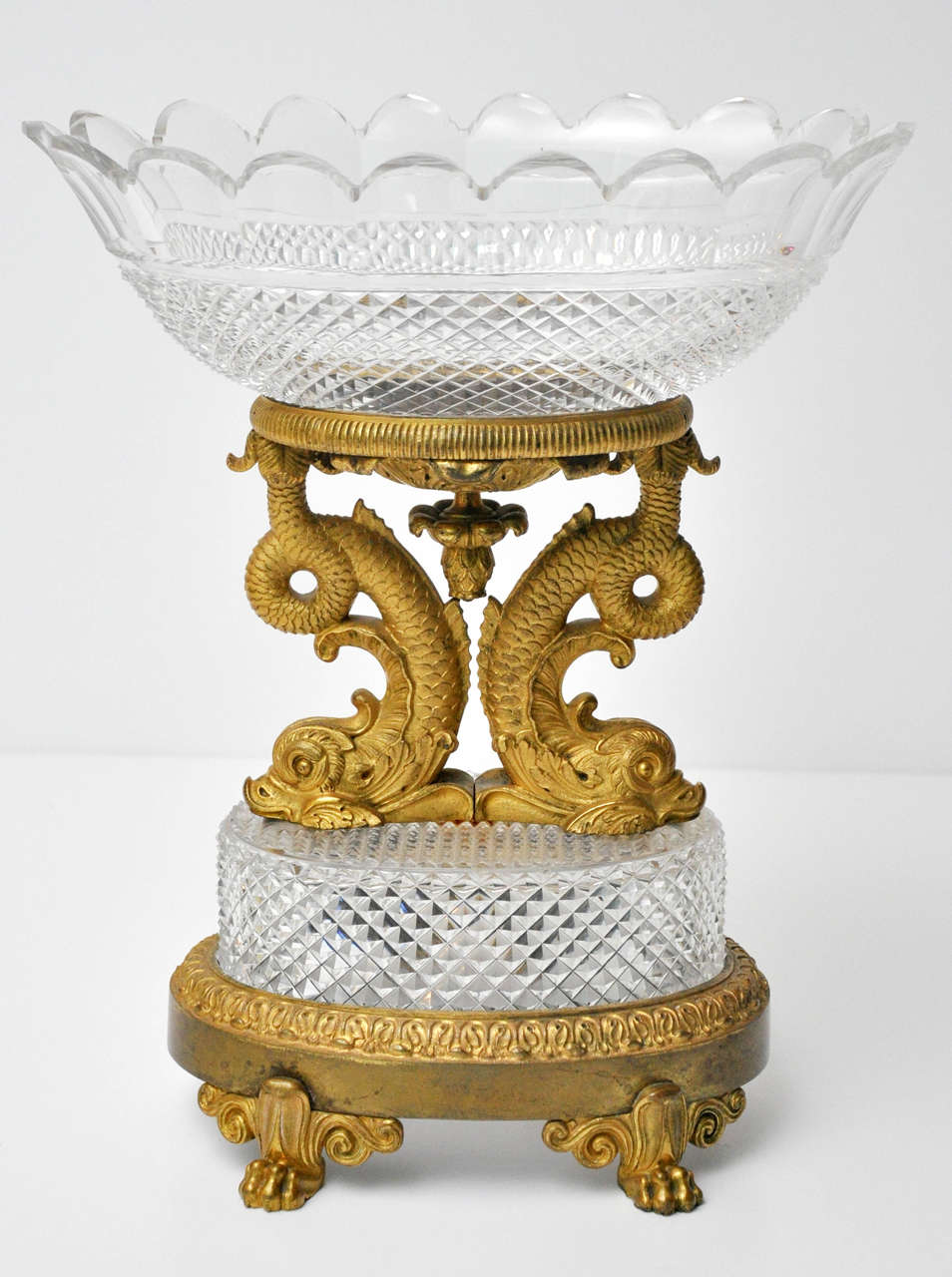 Superb Cut Crystal and Gilt Bronze Dolphin Motif Centerpiece, France, circa 1830