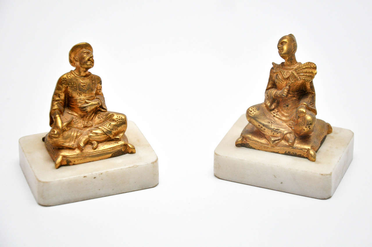 Pair of Ormolu Chinoiserie Figures on White Marble Plinths, France, C-1760