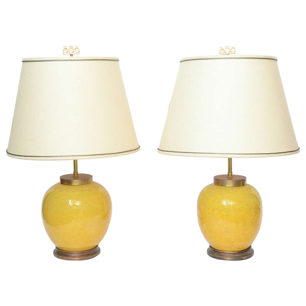 Pair of Chinese Porcelain Round Yellow Vase Lamps, circa 18th Century For Sale