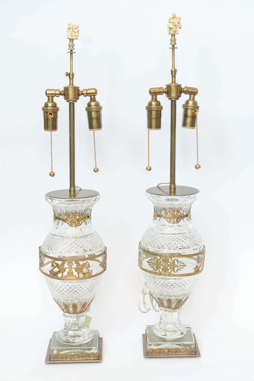 20th Century Pair of Baccarat, Bronze-Mounted Vases, Signed Baccarat For Sale