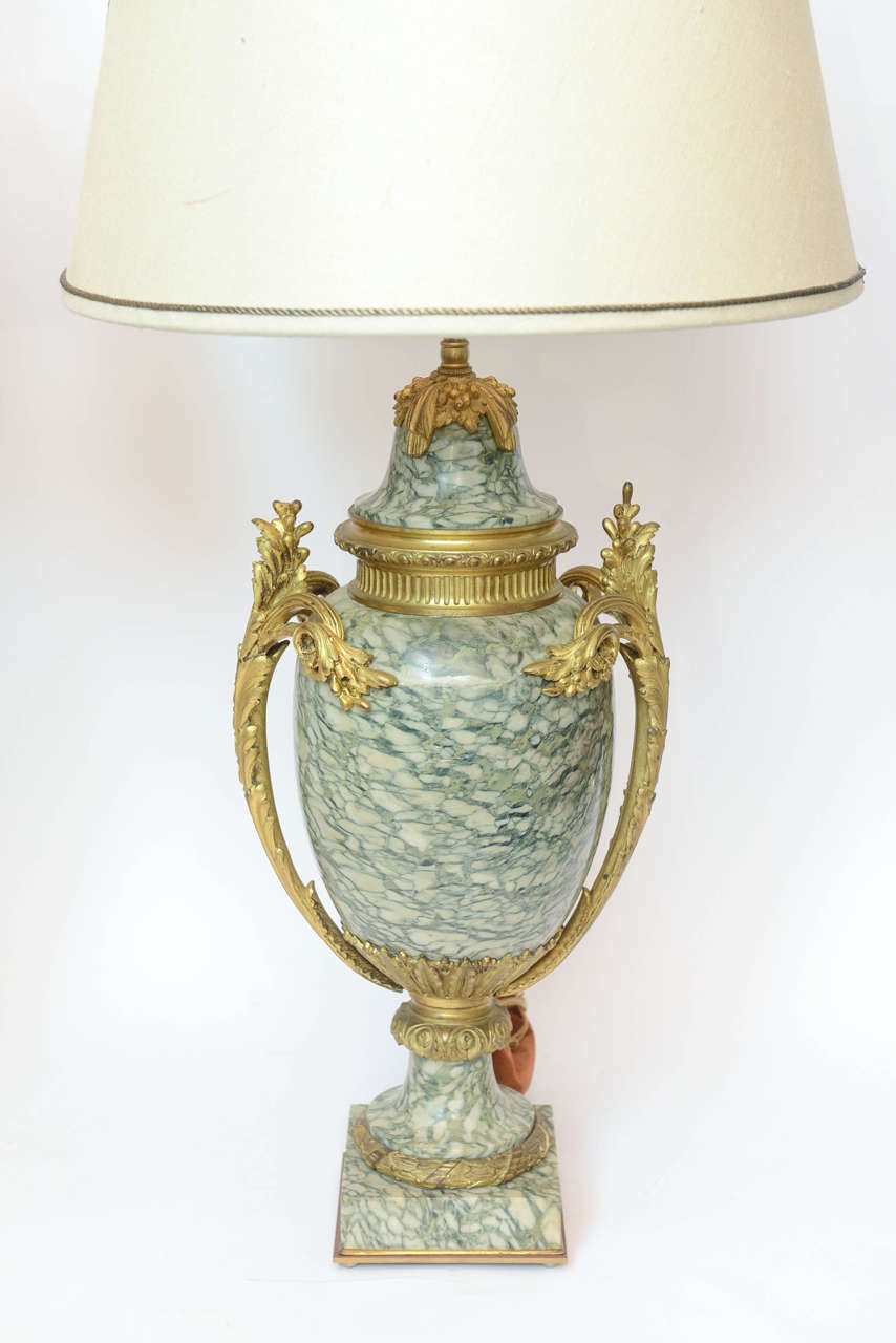 Pair of Green and Beige Gilt Bronze French Marble Urns, circa 1850 In Excellent Condition For Sale In Palm Beach, FL