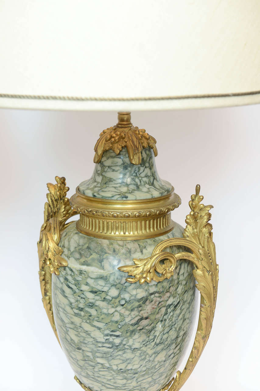 19th Century Pair of Green and Beige Gilt Bronze French Marble Urns, circa 1850 For Sale