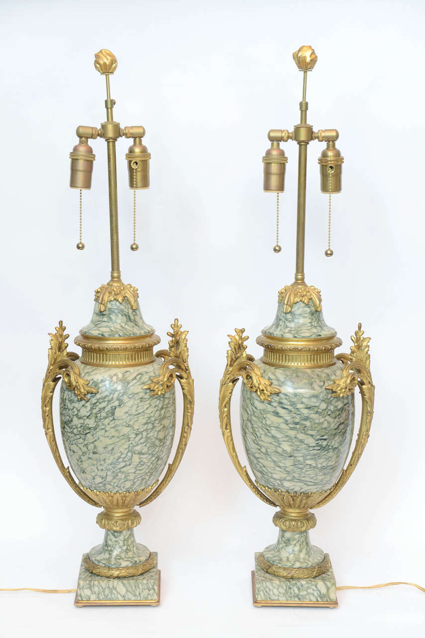 Pair of Green and Beige Gilt Bronze French Marble Urns, circa 1850 For Sale 1