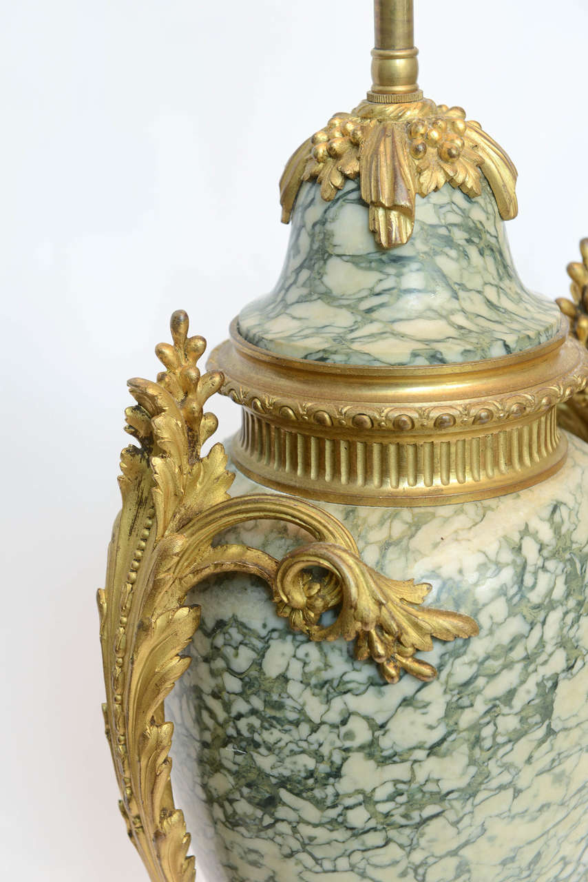 Pair of Green and Beige Gilt Bronze French Marble Urns, circa 1850 For Sale 2
