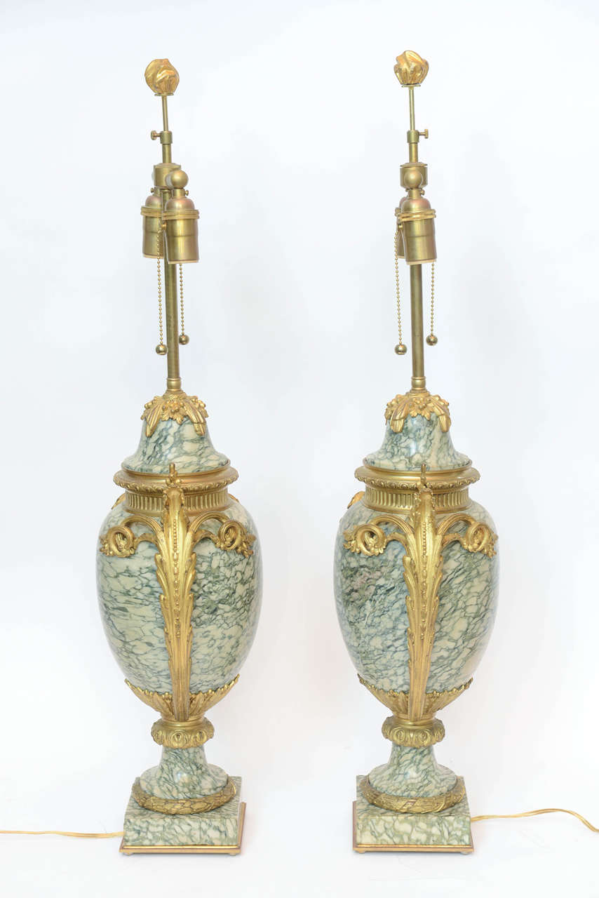Pair of Green and Beige Gilt Bronze French Marble Urns, circa 1850 For Sale 3