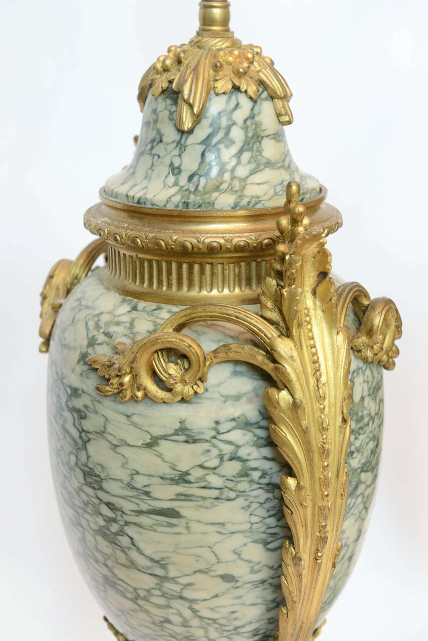 Pair of Green and Beige Gilt Bronze French Marble Urns, circa 1850 For Sale 5