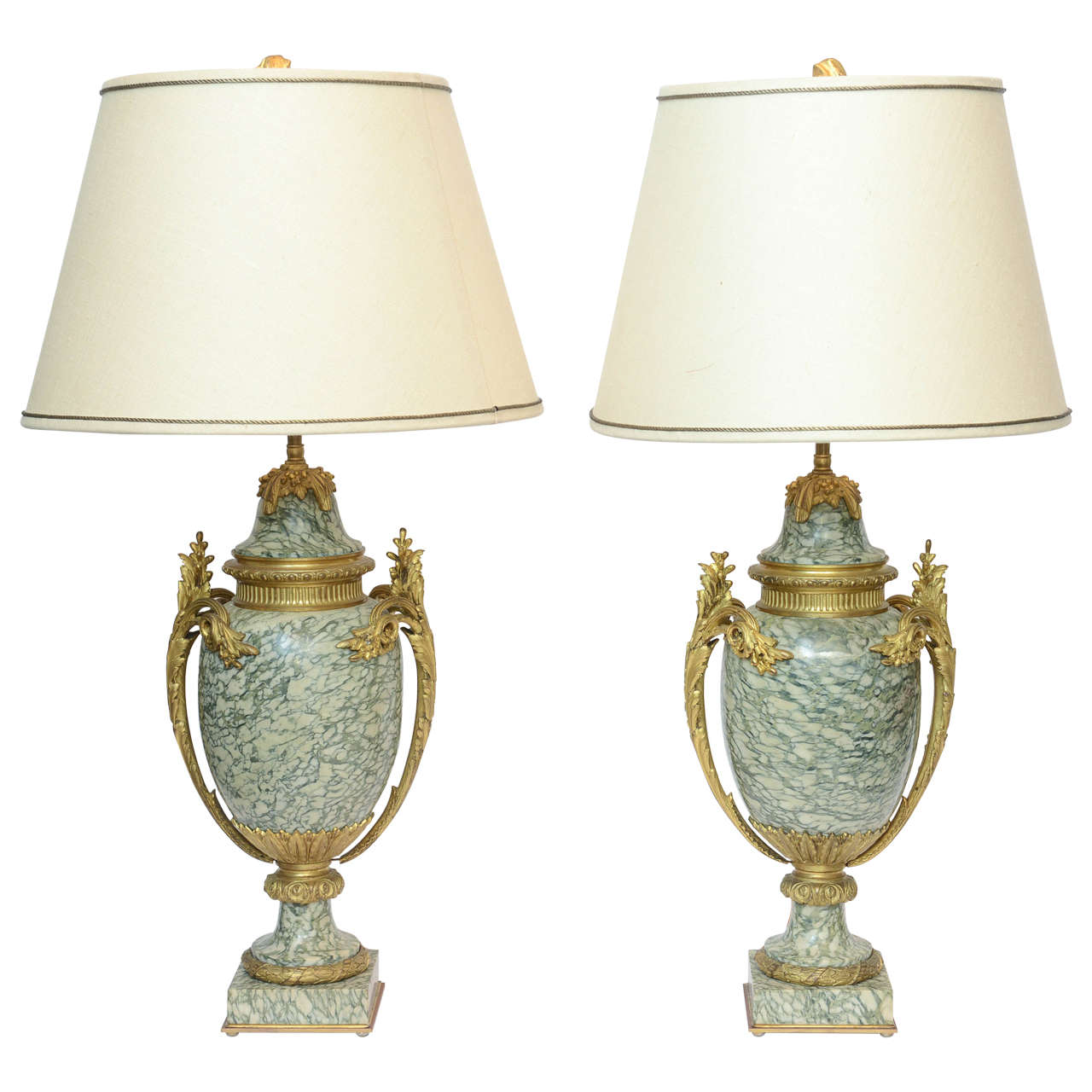 Pair of Green and Beige Gilt Bronze French Marble Urns, circa 1850 For Sale