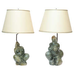 Pair of Green Opal Female Figures Lamps in Zuniga Style Sculptures