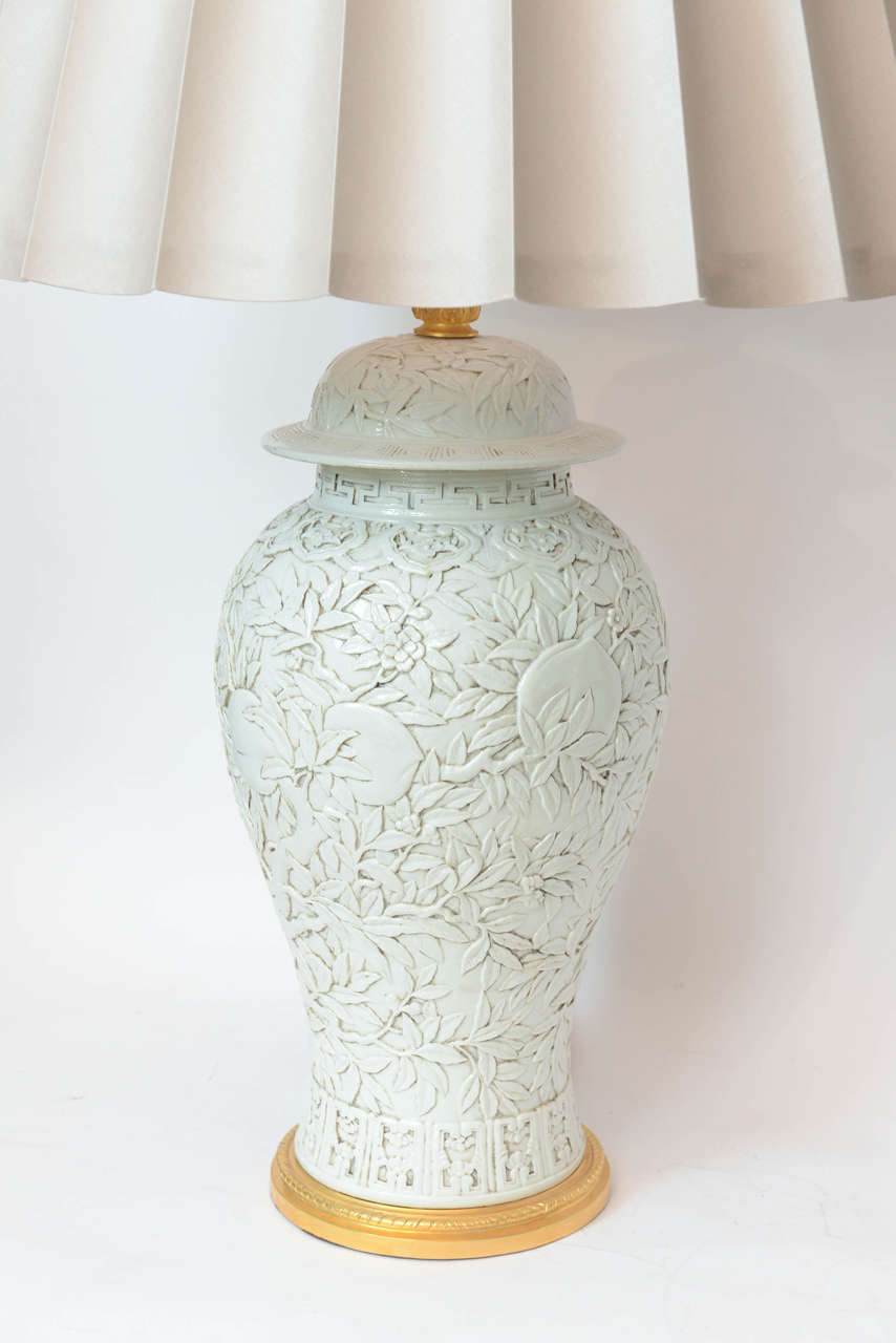 Pair of Chinese Engraved Porcelain Covered Jars as Lamps In Excellent Condition In Palm Beach, FL