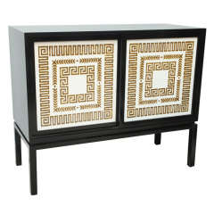 Black Lacquer Credenza with Sliding Doors, Hollywood Regency
