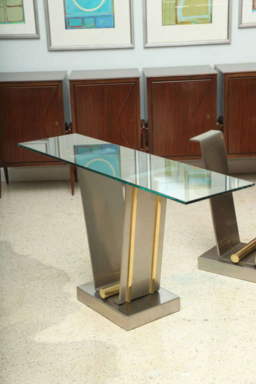 American A Pair of Karl Springer Brushed Stainless and Brass Consoles
