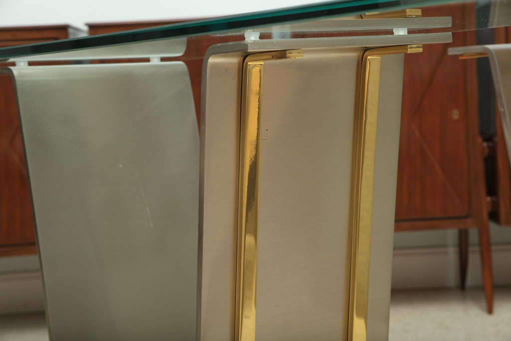 Late 20th Century A Pair of Karl Springer Brushed Stainless and Brass Consoles
