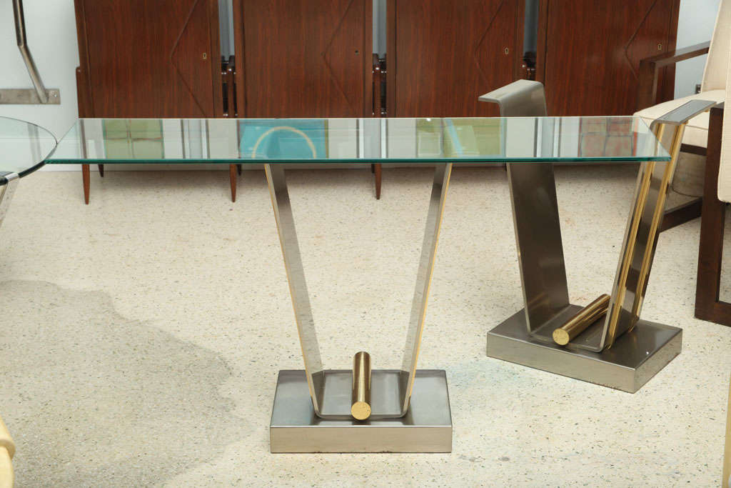 A Pair of Karl Springer Brushed Stainless and Brass Consoles 1