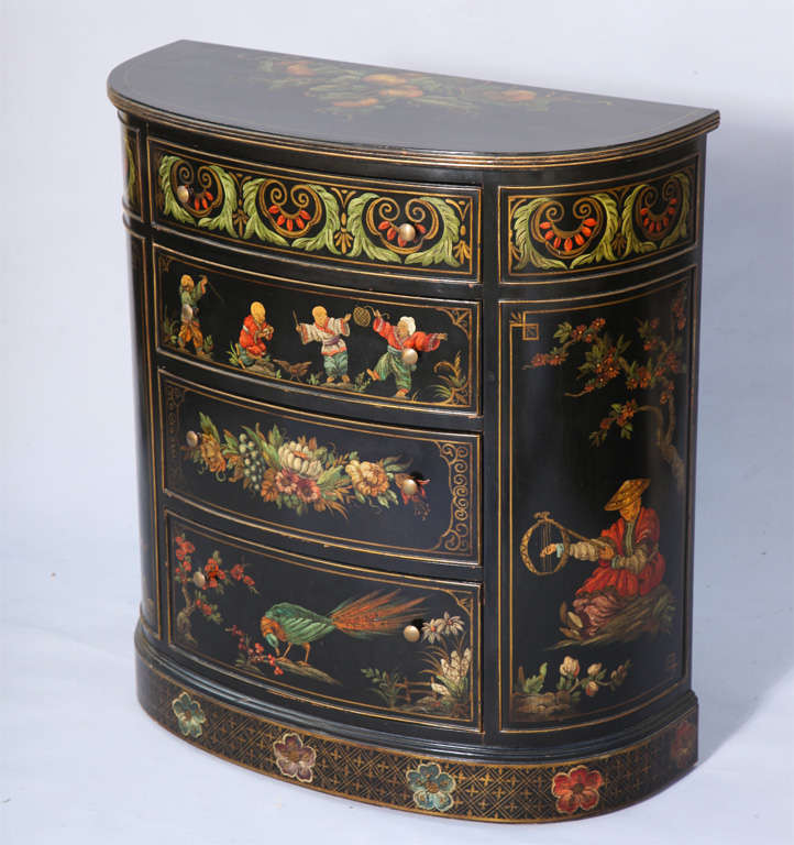 Demilune four drawer commode, black lacquer with fine hand painted Chinoiserie motifs.