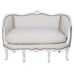 Upholstered French Settee with Distressed Painted Frame