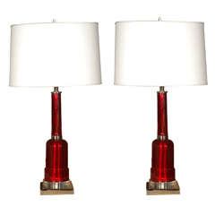 Vintage Pair of  Red Glass Table Lamps