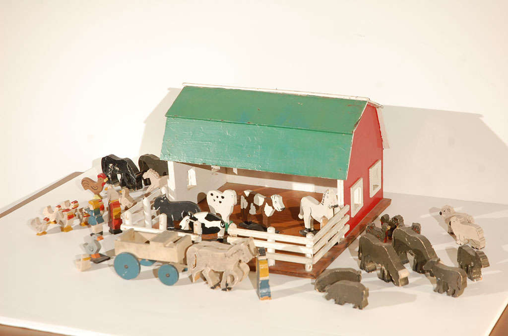 Child's home made Farm set, including a Barn/Corral, 5 Horses, 1 Pony, 1 wagon, 1 donkey, 3 sheep, 3 Turkeys, 3 pigs, 6 Chickens, 1 Rooster, 4 Ducks, 2 Cows. 2 Calves, 1 Bull, a Farmer, his Wife, and 1 Daughter.
Barn and corral set on board, 15