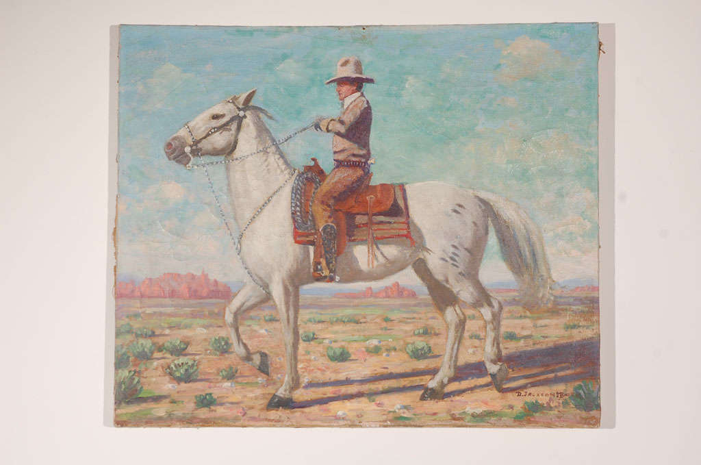 Oil portrait of Hollywood style, western rider on horseback. Signed D. Jackson Moore. Unframed canvas on an original wood stretcher with tacked edges.